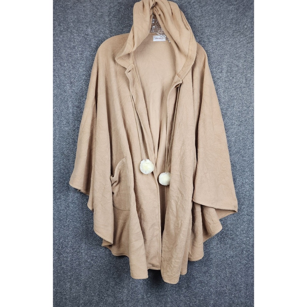 Le Moda Hooded Fleece Poncho Women OS Camel Tan Pom Pom Wrap Cape 4817-70